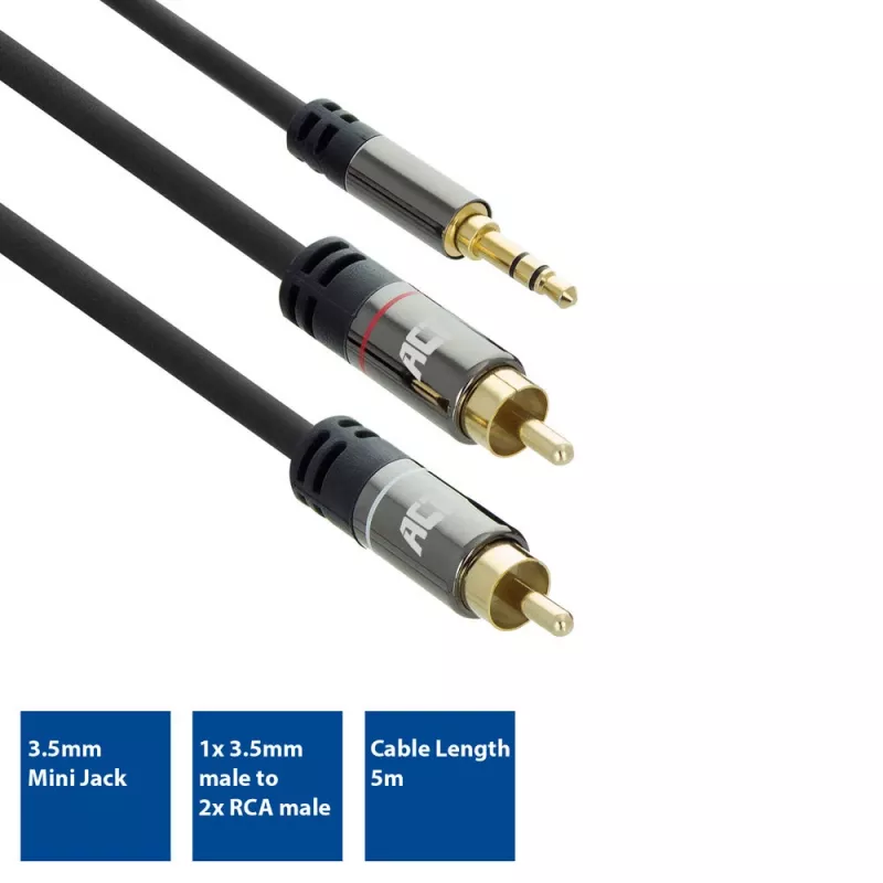 ACT 5 metrov kvalitný audio prepojovací kábel 1x 3,5 mm jack konektor samec – 2x cinch konektor samec