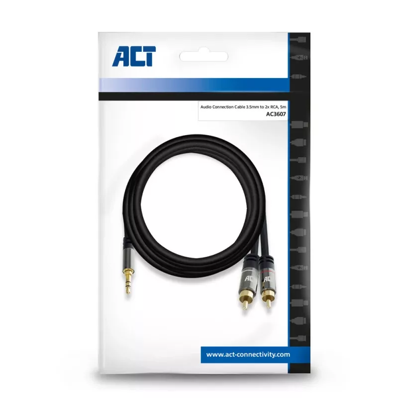 ACT 5 metrov kvalitný audio prepojovací kábel 1x 3,5 mm jack konektor samec – 2x cinch konektor samec