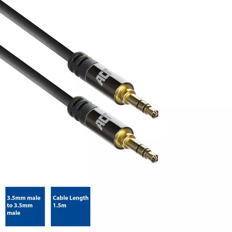 ACT 1,5 m kvalitný stereo audio prepojovací kábel 3,5-mm jack konektor samec – konektor samec