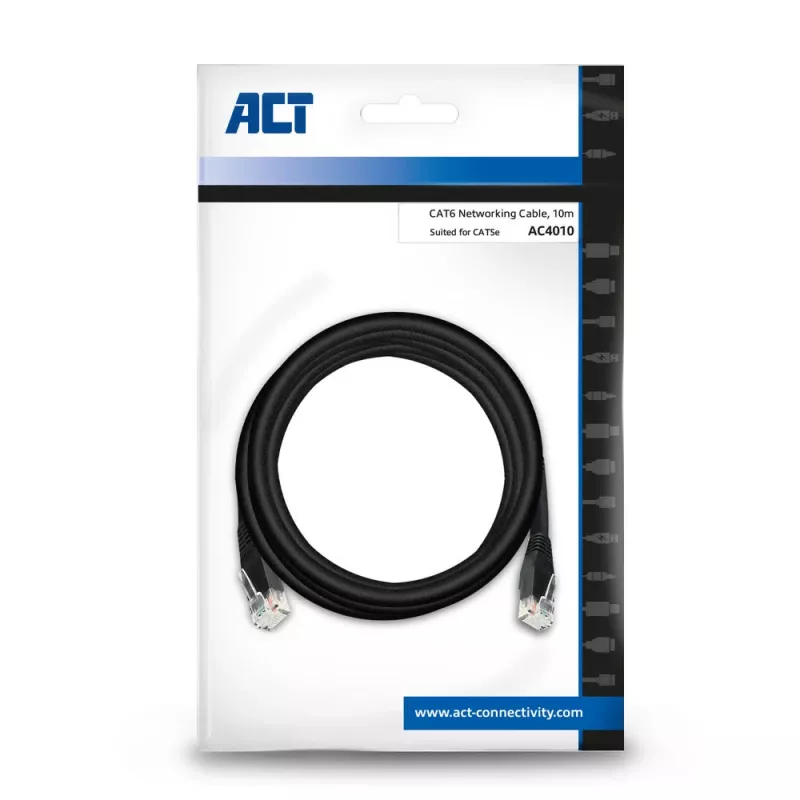 ACT Black 10,0 metra U/UTP CAT6 patch kábel s RJ45 konektormi