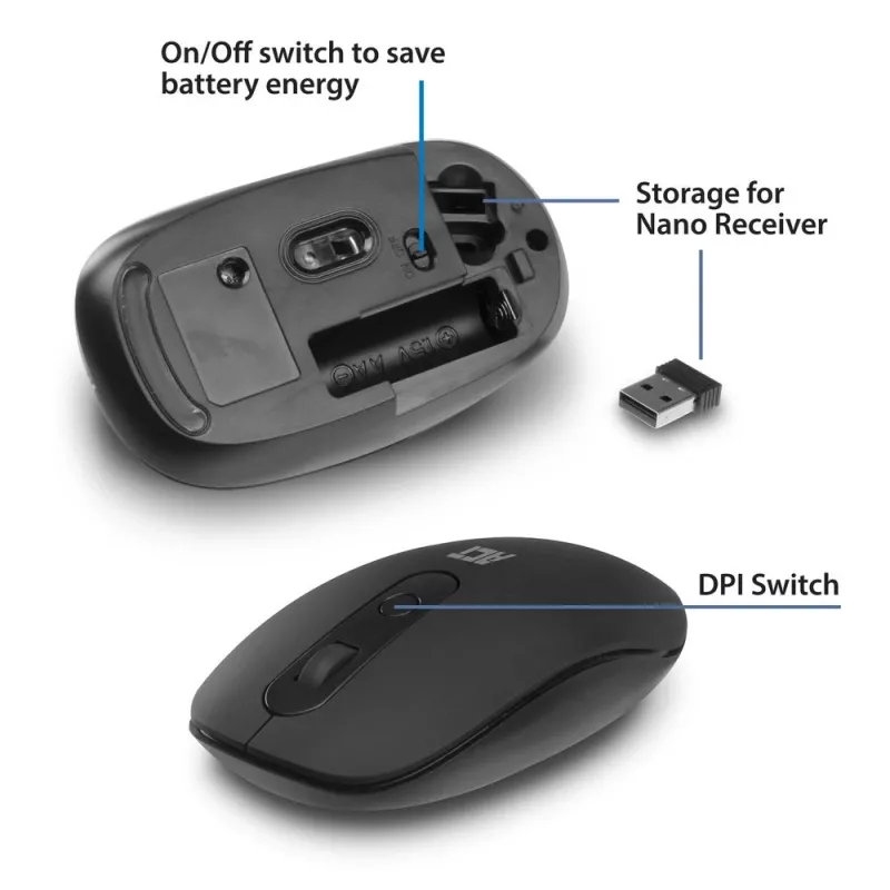 ACT Bezdrôtová myš 1200 DPI, obojručná, RF Wireless, 1200 DPI, čierna