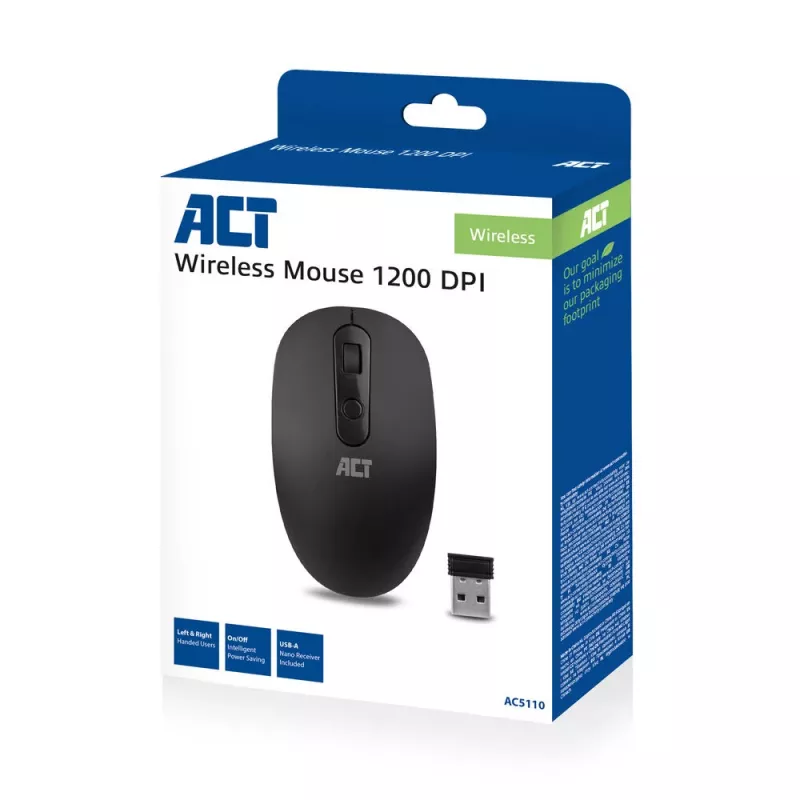 ACT Bezdrôtová myš 1200 DPI, obojručná, RF Wireless, 1200 DPI, čierna