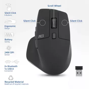 ACT Bezdrôtová Multi-Connect myš Bluetooth alebo USB-A prijímač, 2400 DPI so Silent Click, ekologická