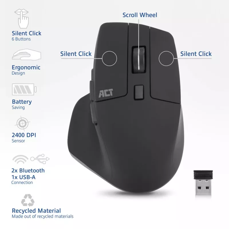 ACT Bezdrôtová Multi-Connect myš Bluetooth alebo USB-A prijímač, 2400 DPI so Silent Click, ekologická