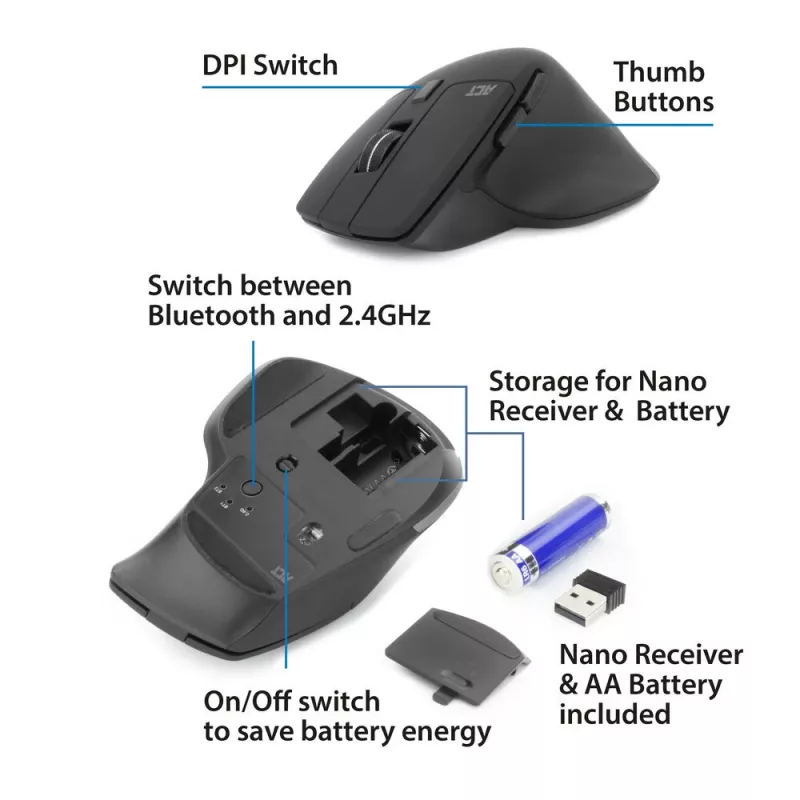 ACT Bezdrôtová Multi-Connect myš Bluetooth alebo USB-A prijímač, 2400 DPI so Silent Click, ekologická