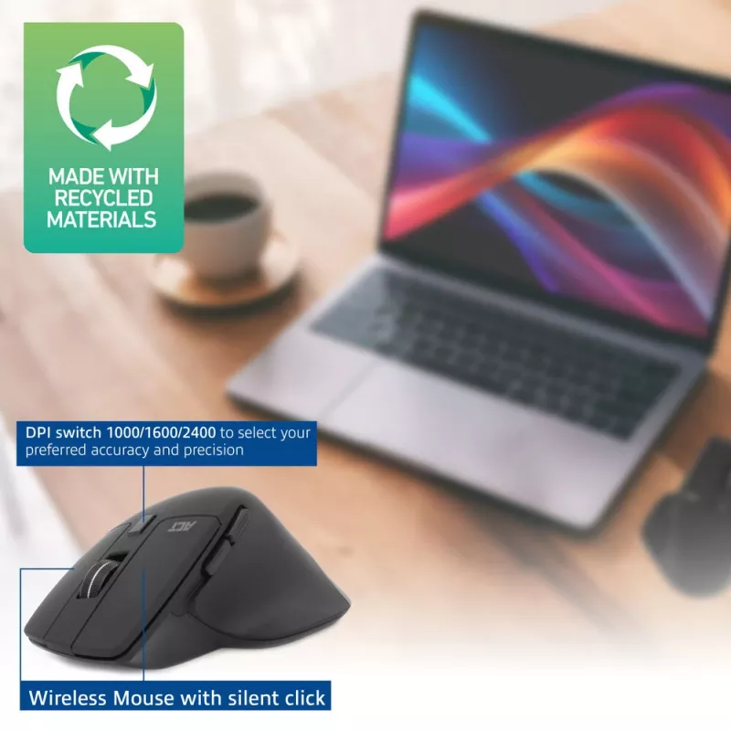 ACT Bezdrôtová Multi-Connect myš Bluetooth alebo USB-A prijímač, 2400 DPI so Silent Click, ekologická