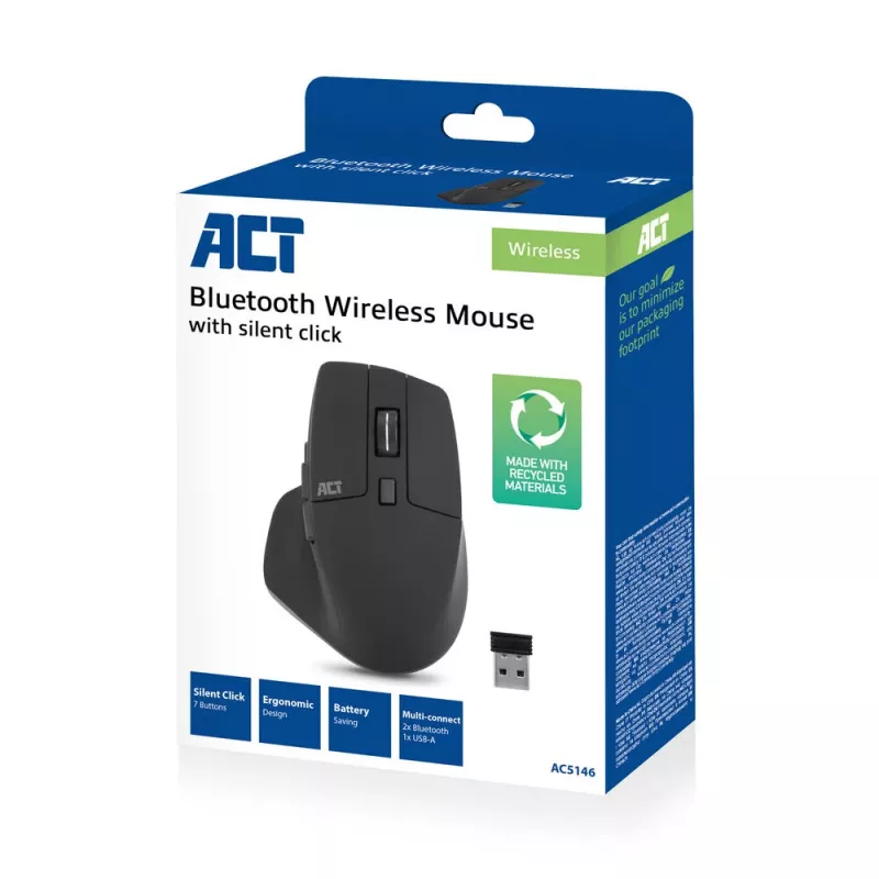 ACT Bezdrôtová Multi-Connect myš Bluetooth alebo USB-A prijímač, 2400 DPI so Silent Click, ekologická