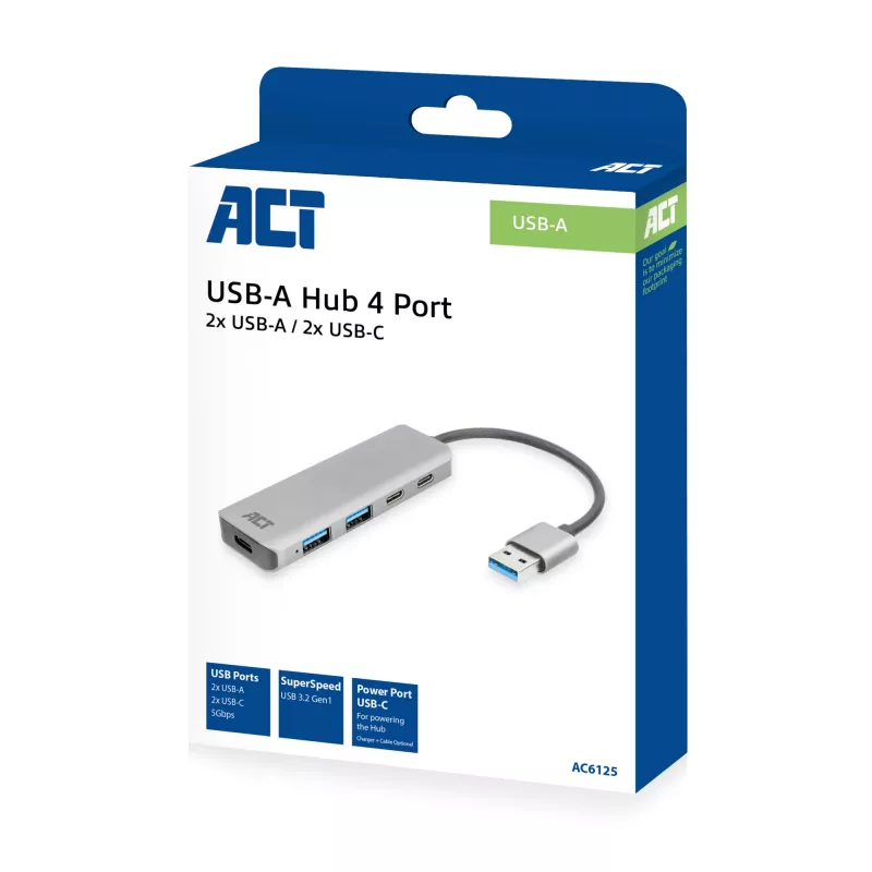 USB Hub ACT AC6125 3.2 Gen 1 Type-A 5000 Mbit/s sivý