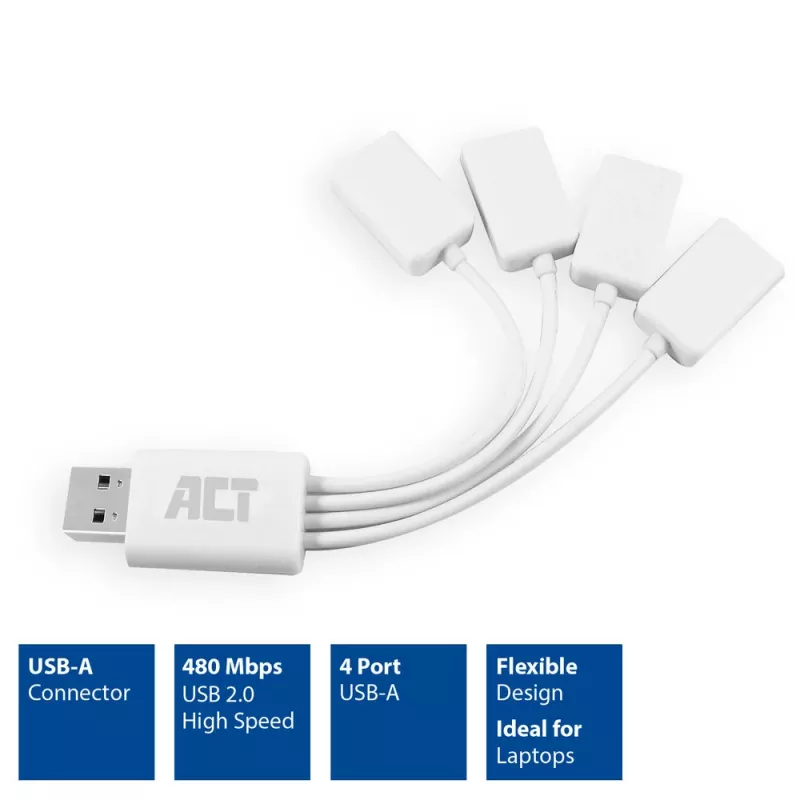 ACT USB Hub 4 port USB-A flexibilný USB 3.2 Gen 1 biely 480 Mbit/s