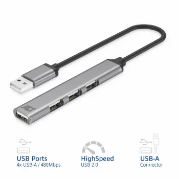 ACT AC6225 USB 2.0 Hub 480 Mbit/s sivý hliník