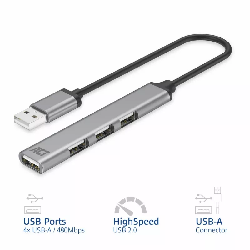 ACT AC6225 USB 2.0 Hub 480 Mbit/s sivý hliník