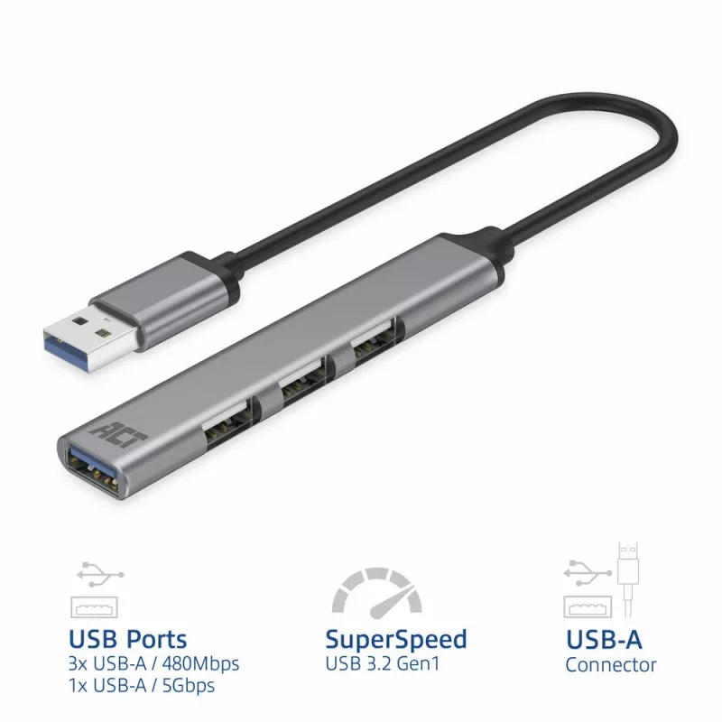 ACT AC6325 USB 3.2 Gen 1 Type-A Hub 5000 Mbit/s sivá