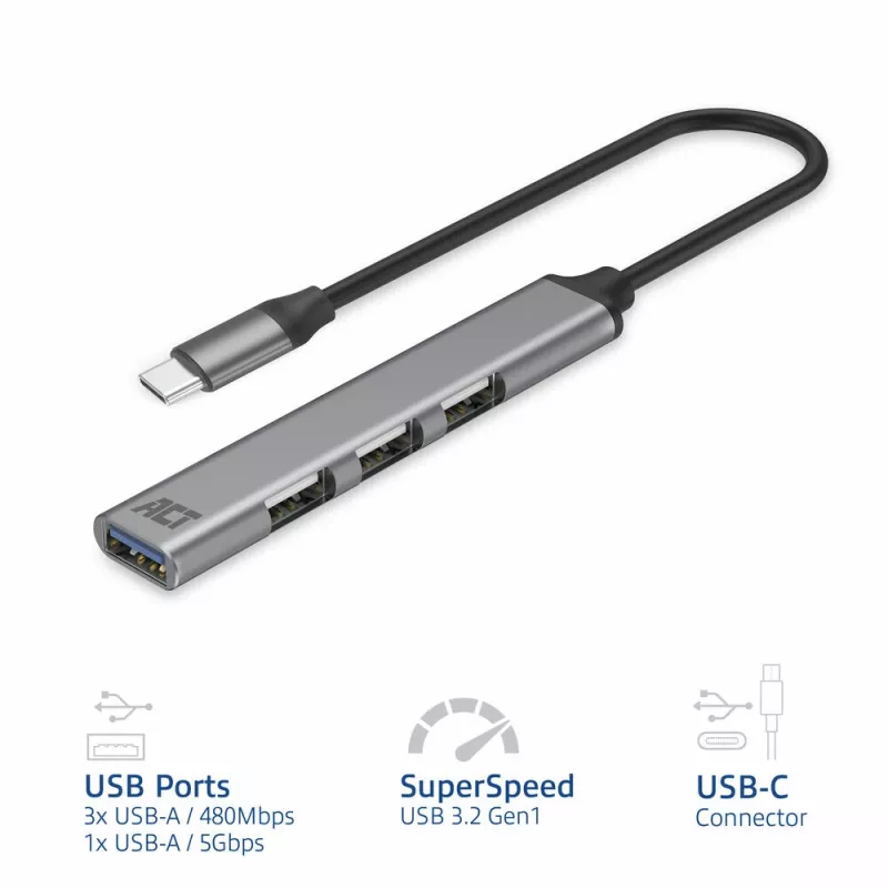 USB Hub ACT AC6425 Type-C 5000 Mbit/s hliník sivý