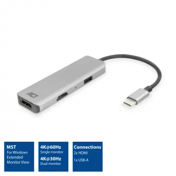 ACT USB-C 4K multiport adaptér pre 2 HDMI monitory, USB-A dátový konektor