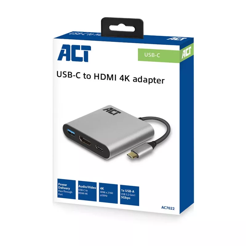 ACT USB-C multiport adaptér pre 1 HDMI monitor, 1x USB-A, PD priechod