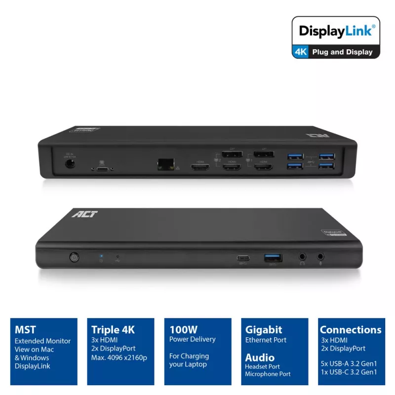 ACT USB-C dokovacia stanica 4K, pre 2 alebo 3 HDMI/DisplayPort monitory, DisplayLink
