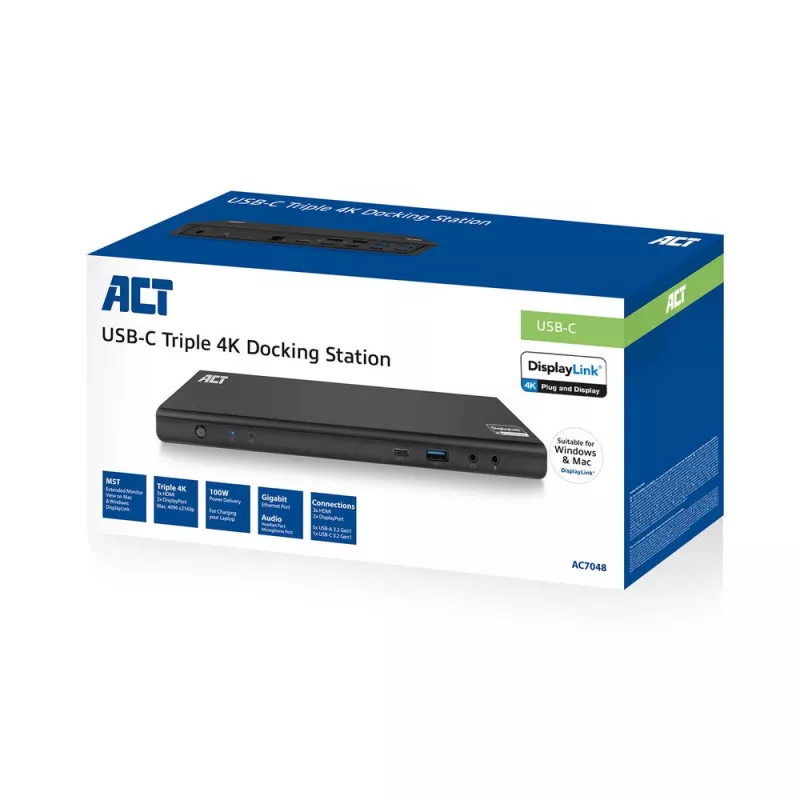 ACT USB-C dokovacia stanica 4K, pre 2 alebo 3 HDMI/DisplayPort monitory, DisplayLink