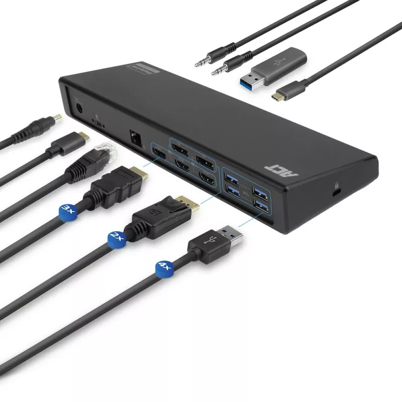 ACT USB-C dokovacia stanica 4K, pre 2 alebo 3 HDMI/DisplayPort monitory, DisplayLink