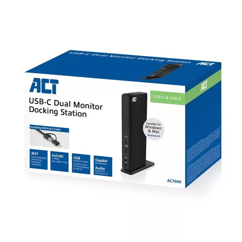 ACT Univerzálna USB-C alebo USB-A dokovacia stanica, pre 2 HDMI monitory, DisplayLink