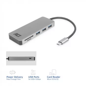 ACT USB-C Hub 3.0, 3x USB-A, čítačka kariet, PD priechod