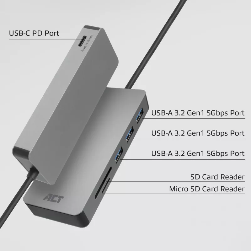 ACT USB-C Hub 3.0, 3x USB-A, čítačka kariet, PD priechod