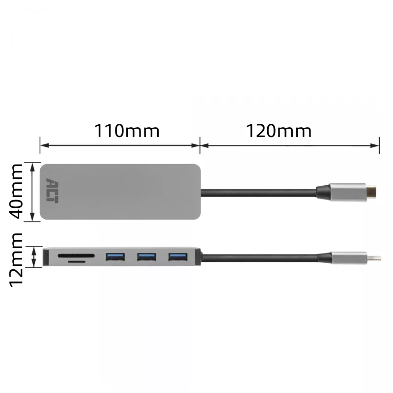 ACT USB-C Hub 3.0, 3x USB-A, čítačka kariet, PD priechod