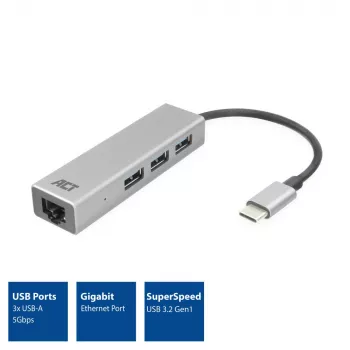 USB-C hub ACT AC7055 3x USB-A Gigabit Ethernet