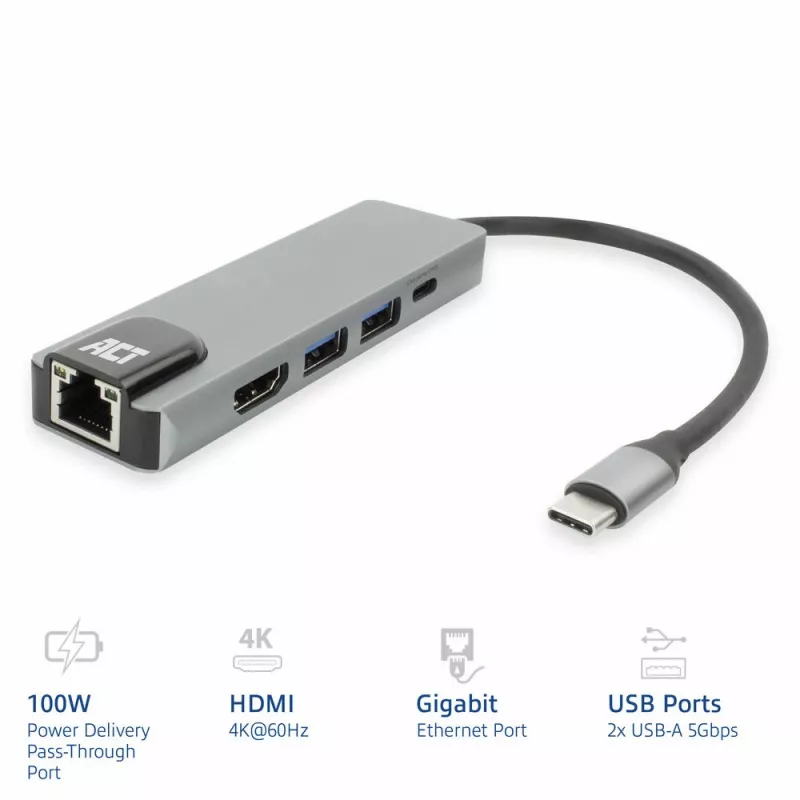 ACT USB-C 4K dokovacia stanica pre 1 HDMI monitor, Ethernet, USB-A, PD priechod