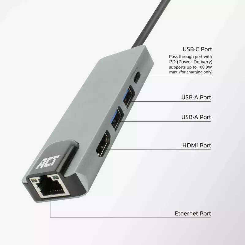 ACT USB-C 4K dokovacia stanica pre 1 HDMI monitor, Ethernet, USB-A, PD priechod