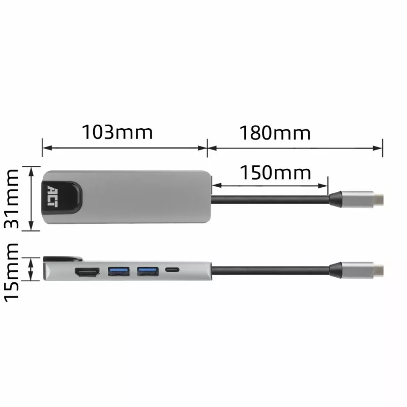 ACT USB-C 4K dokovacia stanica pre 1 HDMI monitor, Ethernet, USB-A, PD priechod