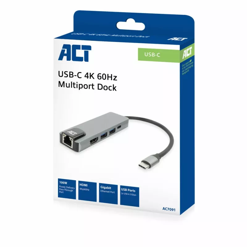 ACT USB-C 4K dokovacia stanica pre 1 HDMI monitor, Ethernet, USB-A, PD priechod