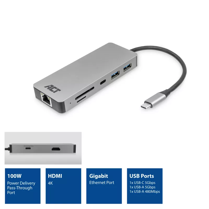ACT USB-C 4K dokovacia stanica pre 1 HDMI monitor, Ethernet, USB-C, USB-A, čítačka kariet a PD priechod