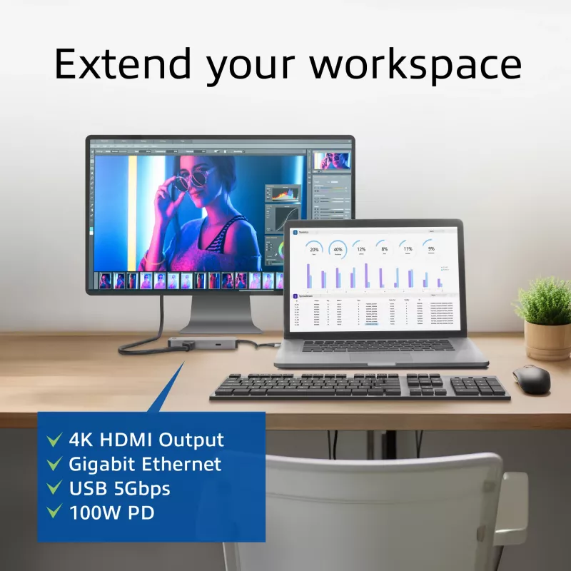 ACT USB-C 4K dokovacia stanica pre 1 HDMI monitor, Ethernet, USB-C, USB-A, čítačka kariet a PD priechod