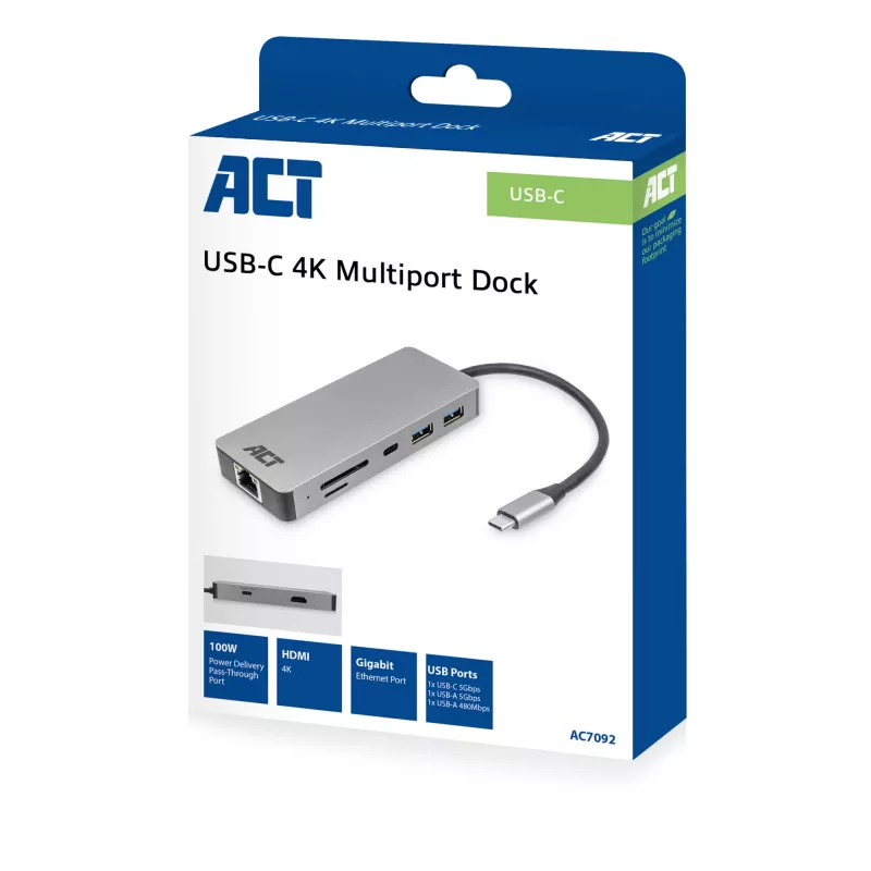 ACT USB-C 4K dokovacia stanica pre 1 HDMI monitor, Ethernet, USB-C, USB-A, čítačka kariet a PD priechod