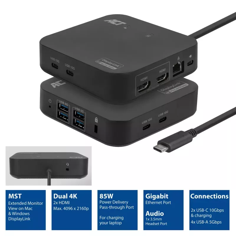 ACT Univerzálna USB-C dokovacia stanica 4K, pre 2 HDMI/DisplayPort monitory, DisplayLink, kompaktný dizajn