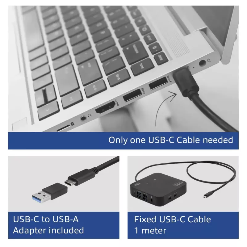 ACT Univerzálna USB-C dokovacia stanica 4K, pre 2 HDMI/DisplayPort monitory, DisplayLink, kompaktný dizajn
