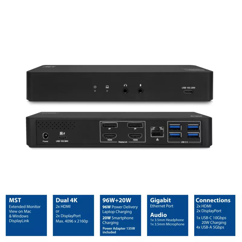ACT USB-C dokovacia stanica 4K, pre 2 HDMI alebo DisplayPort monitory, DisplayLink
