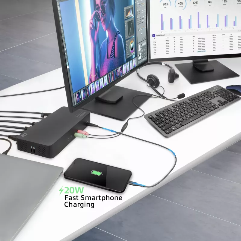 ACT USB-C dokovacia stanica 4K, pre 2 HDMI alebo DisplayPort monitory, DisplayLink