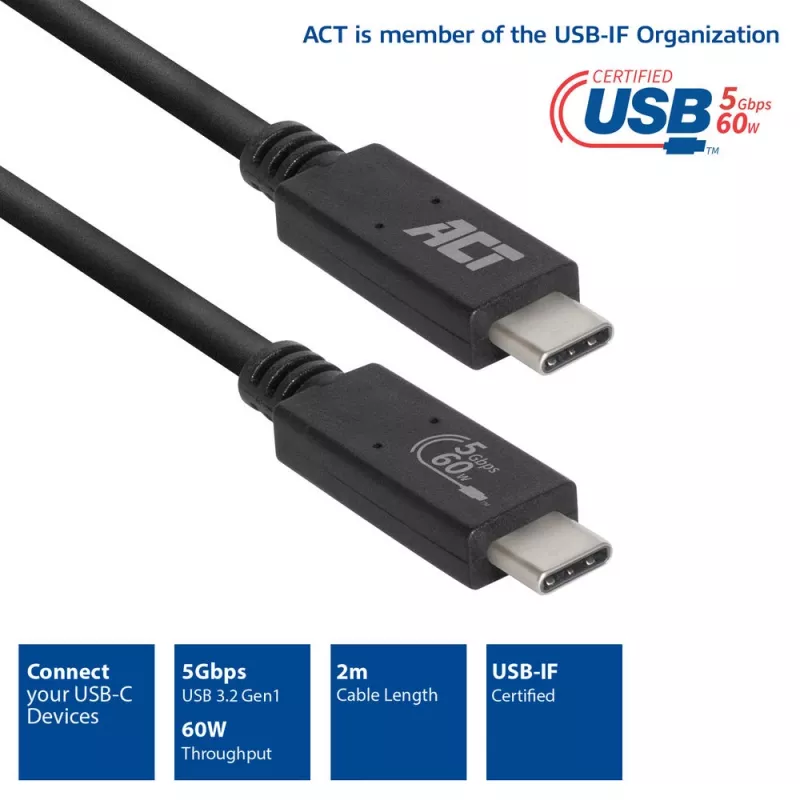ACT USB 3.0 kábel USB-C USB-IF certifikovaný 2 metre 5 Gbit/s