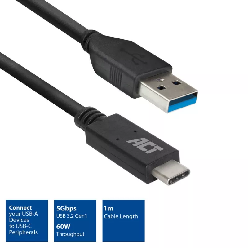 ACT USB 3.0 kábel USB-A na USB-C 1 meter 5 Gbit/s čierny