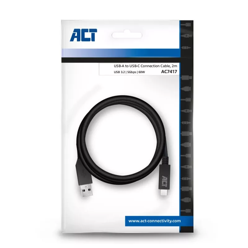 ACT USB 3.0 kábel USB-A na USB-C 2 metre 5 Gbit/s čierny