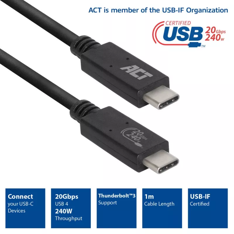 ACT USB4® 20Gbps kábel, USB-C, USB-IF certifikovaný, 1 meter