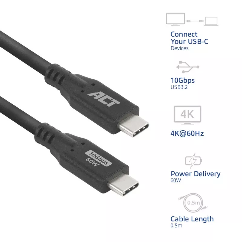ACT USB 3.0 10Gbps 60W USB Type-C kábel 0,5 m čierna