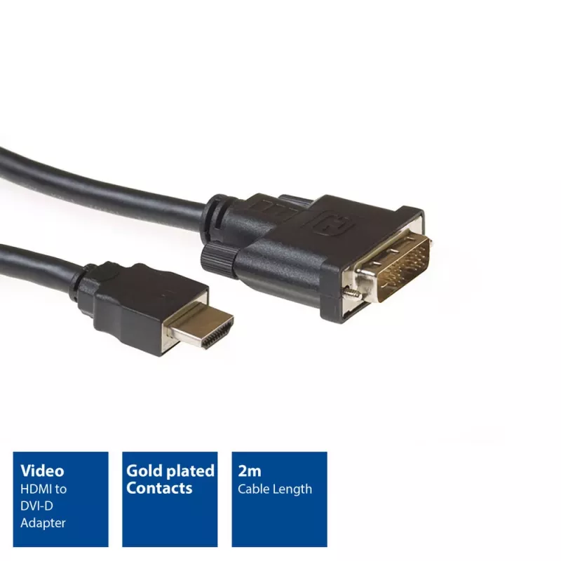 ACT 2 metre HDMI na DVI-D adaptérový kábel, HDMI-A konektor samec – DVI-D Single-Link konektor samec 18+1