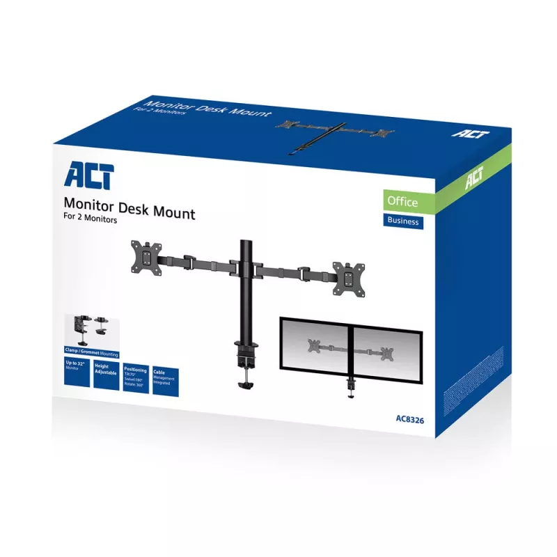 ACT rameno na dva monitory Office Solid Pro – svorka/prevlečná montáž – 12 kg – 10–32 palcov