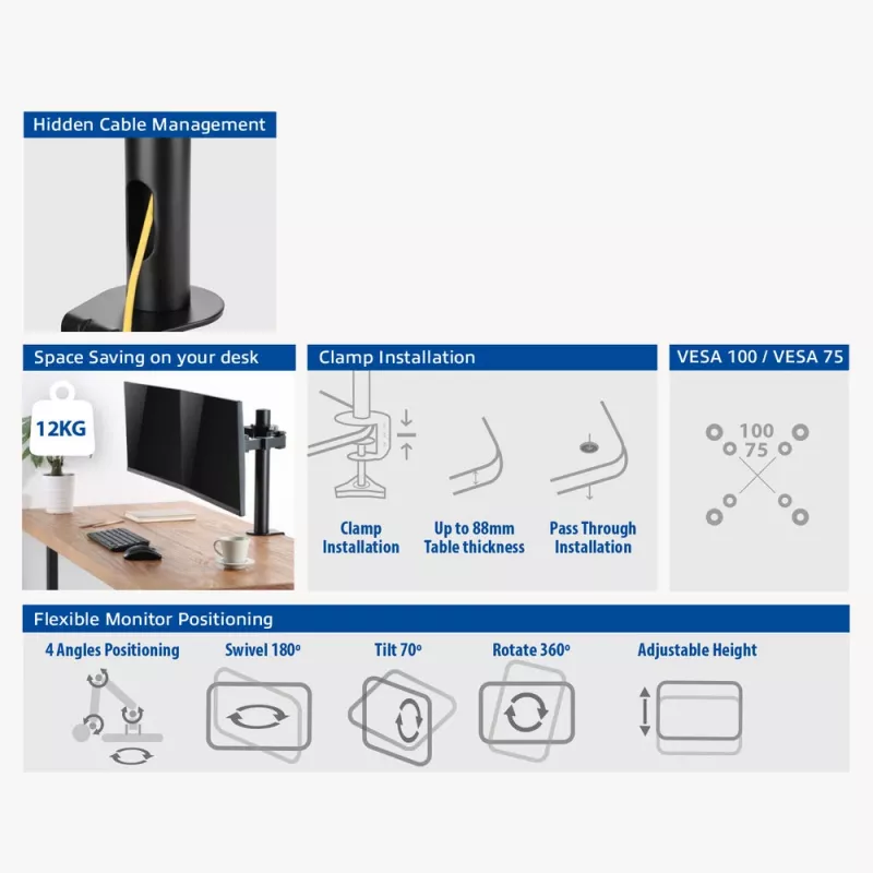 ACT rameno na dva monitory Office Solid Pro – svorka/prevlečná montáž – 12 kg – 10–32 palcov