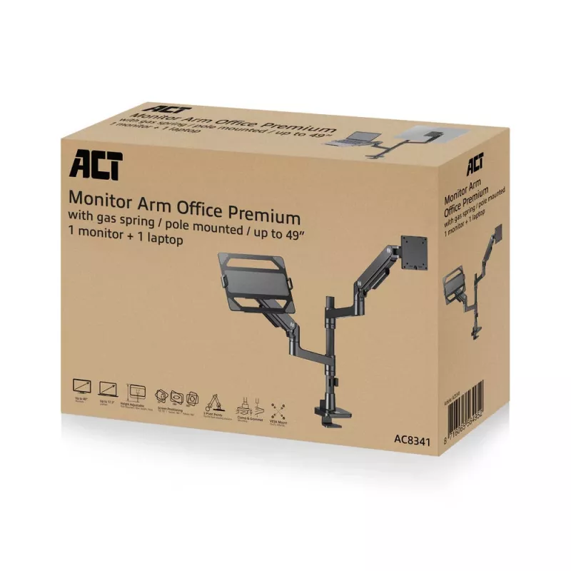 ACT AC8341 rameno pre jeden monitor s držiakom na notebook Office Premium, plynová pružina, montáž na stĺp