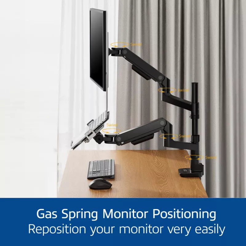 ACT AC8341 rameno pre jeden monitor s držiakom na notebook Office Premium, plynová pružina, montáž na stĺp