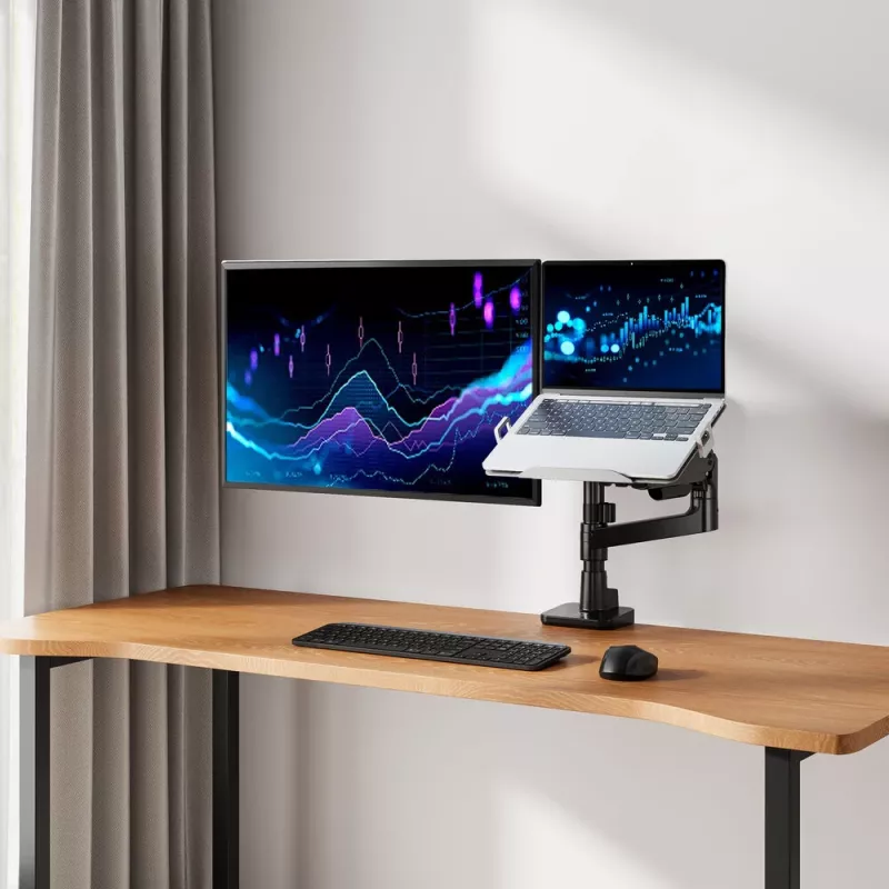 ACT AC8341 rameno pre jeden monitor s držiakom na notebook Office Premium, plynová pružina, montáž na stĺp