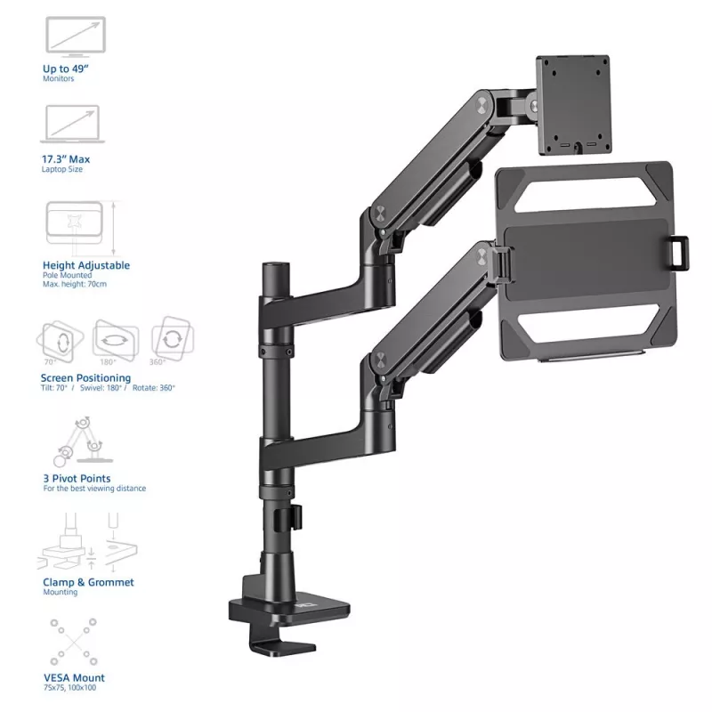 ACT AC8341 rameno pre jeden monitor s držiakom na notebook Office Premium, plynová pružina, montáž na stĺp